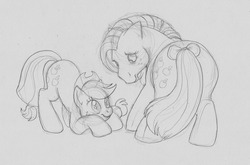 Size: 2702x1788 | Tagged: safe, artist:anniehyena, applejack, earth pony, pony, g1, g4, ass up, bow, female, generational ponidox, mare, monochrome, tail, tail bow, traditional art