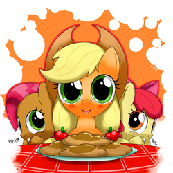 Size: 1200x1200 | Tagged: safe, artist:hoyeechun, apple bloom, applejack, babs seed, earth pony, pony, g4, apple fritter (food), cousins, female, food, siblings, sisters, trio