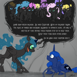 Size: 800x800 | Tagged: safe, artist:caycowa, princess luna, queen chrysalis, changeling, g4, cave, chains, insanity