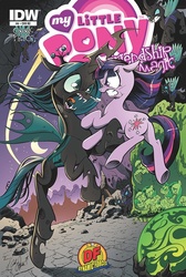 Size: 593x882 | Tagged: safe, artist:andy price, idw, official comic, apple bloom, applejack, fluttershy, megasoma, pinkie pie, queen chrysalis, rainbow dash, rarity, sweetie belle, twilight sparkle, changeling, pony, unicorn, g4, official, the return of queen chrysalis, spoiler:comic, angry, butt, changeling officer, cocoon, comet, comic, comic cover, cover, crystal ball, epic clash between good and evil, female, fight, good vs evil, moon, plot, secretariat comet, snorting, wovey dovey land
