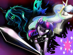Size: 3500x2625 | Tagged: dead source, safe, artist:spaceweasel2306, princess celestia, queen chrysalis, twilight sparkle, alicorn, changeling, changeling queen, unicorn, anthro, g4, claymore, female, parody, prep for epic levels of yuresenai, sword, weapon