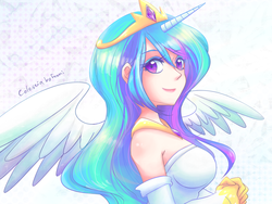 Size: 1600x1200 | Tagged: safe, artist:foxmi, princess celestia, human, g4, bare shoulders, beautiful, bust, crown, cute, cutelestia, female, horn, horned humanization, humanized, jewelry, looking at you, regalia, smiling, solo, winged humanization