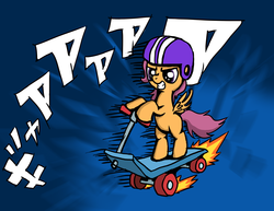 Size: 3300x2550 | Tagged: safe, artist:mindofnoodles, scootaloo, pony, g4, female, helmet, japanese, scooter, solo