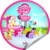 Size: 300x300 | Tagged: safe, applejack, chickadee, fluttershy, ms. peachbottom, pinkie pie, rainbow dash, g4, games ponies play, season 3, friendship express, getglue, hub logo, hubble, my little pony logo, sticker, the hub