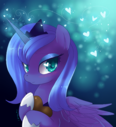 Size: 550x600 | Tagged: safe, artist:loyaldis, princess luna, alicorn, blushing, chocolate, chocolate heart, cute, female, food, heart, heart eyes, s1 luna, solo, wingding eyes