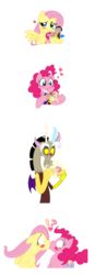 Size: 758x2205 | Tagged: safe, artist:mickeymonster, discord, fluttershy, pinkie pie, draconequus, earth pony, pegasus, pony, g4, blush sticker, blushing, body control, comic, discord being discord, discord the shipper, exclamation point, female, forced kiss, forced lesbian, fudanshi, heart, implied discopie, implied discoshy, implied shipping, implied straight, interrobang, kissing, lesbian, lesbian in front of boys, magic, male, mare, now kiss, question mark, ship:flutterpie, shipper on deck, shipping, shrunken pupils, simple background, surprise kiss, surprised, transparent background, voodoo doll, wide eyes