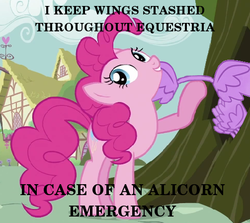 Size: 503x448 | Tagged: safe, edit, edited screencap, screencap, pinkie pie, alicorn, pony, g4, it's about time, alicorn drama, ball emergency, emergency, wings