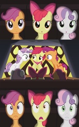 Size: 800x1290 | Tagged: safe, apple bloom, scootaloo, sweetie belle, g4, applebuck, cutie mark crusaders, exploitable meme, meme, rule 63, scooteroll, silver bell, theater meme