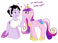 Size: 756x560 | Tagged: safe, artist:voltrathelively, princess cadance, alicorn, earth pony, pony, g4, broken horn, cigarette, cronus ampora, crossover, crown, duo, duo female, female, folded wings, homestuck, horn, jewelry, mare, ponified, regalia, scar, simple background, transparent background, wings
