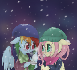 Size: 1200x1100 | Tagged: safe, artist:silbersternenlicht, fluttershy, rainbow dash, g4, blushing, clothes, female, lesbian, scarf, ship:flutterdash, shipping, snow, snowfall