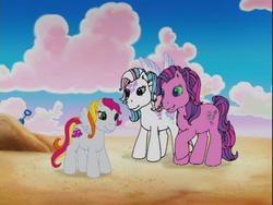 Size: 640x480 | Tagged: safe, screencap, baby honolu-loo, skywishes, star catcher, earth pony, pegasus, pony, friends are never far away, g3, baby, baby pony, beach, butterfly island, catcherbetes, cloud, cloudy, cute, cutewishes, female, filly, foal, honolubetes, large wings, mare, meeting, raised hoof, raised leg, sand, smiling, trio, wings