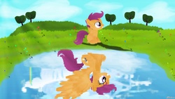 Size: 1920x1080 | Tagged: safe, artist:oliminor, scootaloo, g4, hilarious in hindsight, impossibly large wings, tree