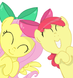 Size: 1046x1110 | Tagged: safe, artist:starlettskies, apple bloom, fluttershy, earth pony, pegasus, pony, g4, adorabloom, bow, cute, duo, eyes closed, female, filly, foal, hair bow, mare, shyabetes, simple background, transparent background, yellow skin