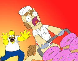 Size: 4480x3508 | Tagged: safe, artist:doublewbrothers, donut joe, pony, unicorn, g4, bipedal, crossover, donut, fleeing, funny, gradient background, homer simpson, male, rapeface, running, scared, the simpsons