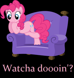 Size: 492x520 | Tagged: safe, artist:tryhardbrony, edit, pinkie pie, g4, black background, couch, phineas and ferb, photoshop, pink text, simple background, text, text edit, vector