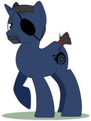 Size: 2058x2748 | Tagged: safe, artist:turrkoise, pony, unicorn, eyepatch, facial hair, fullmetal alchemist, homunculus, king bradley, male, moustache, ponified, raised hoof, solo, stallion, tied tail, wrath the furious
