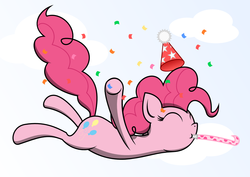 Size: 1370x970 | Tagged: dead source, safe, artist:verzi-9, pinkie pie, earth pony, pony, g4, confetti, female, hat, party hat, party horn, solo