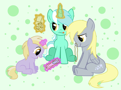 Size: 6792x5048 | Tagged: safe, artist:abion47, derpy hooves, dinky hooves, lyra heartstrings, pegasus, pony, unicorn, g4, absurd resolution, cat's cradle, foal, magic, playing, string, strings, tongue out