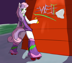 Size: 3270x2866 | Tagged: safe, artist:skunkstripe, sweetie belle, pony, g4, bipedal, clothes, graffiti, jet set radio, skates