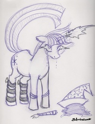 Size: 617x800 | Tagged: safe, artist:lelunae, trixie, twilight sparkle, pony, unicorn, g4, ash, clothes, crying, dead, female, hat, horn, implied murder, magic, mare, monochrome, severed horn, traditional art, trixie's hat, unicorn twilight