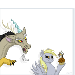 Size: 600x600 | Tagged: safe, artist:jaylacinechiboa, derpy hooves, discord, draconequus, pegasus, pony, g4, angry, confused, female, frown, hoof hold, male, mare, muffin, open mouth, raised eyebrow, simple background, spread wings, transparent background