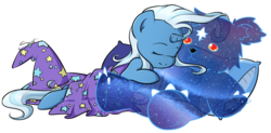 Size: 1536x755 | Tagged: safe, artist:secret-pony, trixie, pony, unicorn, ursa minor, g4, eyes closed, female, mare, pillow, simple background, sleeping, solo, teddy bear, transparent background, ursa plush, vector