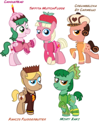 Size: 1054x1293 | Tagged: safe, artist:alisonwonderland1951, earth pony, pegasus, pony, unicorn, candlehead, colt, crumbelina di caramello, filly, minty zaki, ponified, rancis fluggerbutter, sugar rush, taffyta muttonfudge, wreck-it ralph