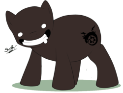 Size: 821x624 | Tagged: safe, artist:turrkoise, earth pony, pony, bald, blank eyes, chubby, creepy, creepy grin, drool, fullmetal alchemist, gluttony the voracious, grin, homunculus, hungry, male, no pupils, ponified, smiling, stallion