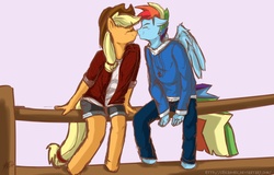 Size: 1510x967 | Tagged: safe, artist:nolycs, applejack, rainbow dash, anthro, unguligrade anthro, g4, blitzabetes, clothes, cute, eyes closed, female, fence, half r63 shipping, hoodie, jeans, male, nuzzling, pants, plaid shirt, rainbow blitz, rule 63, rule63betes, ship:appleblitz, ship:appledash, shipping, shorts, simple background, sitting, straight