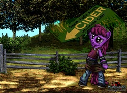 Size: 3568x2608 | Tagged: safe, artist:metadragonart, berry punch, berryshine, earth pony, pony, g4, belt, bipedal, clothes, english, fence, forest, grass, jeans, shirt, shoes, sign, skirt, solo, text, tree, undershirt