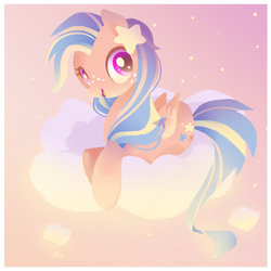 Size: 800x800 | Tagged: safe, artist:parfywarfy, oc, oc only, pegasus, pony, cloud, facial freckles, female, folded wings, freckles, gradient background, looking at you, lying down, mare, on a cloud, open mouth, open smile, passepartout, prone, purple eyes, sky background, smiling, smiling at you, solo, star hairpin, stars, sunset, tail, two toned mane, two toned tail, wings