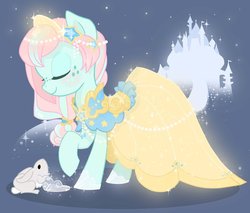 Size: 969x825 | Tagged: safe, artist:parfywarfy, oc, oc only, oc:parfait, earth pony, pony, rabbit, animal, blushing, castle, cinderella, clothes, dress, eyes closed, female, glass slipper (footwear), gray background, jewelry, mare, ponified, raised hoof, simple background, solo