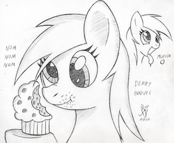Size: 550x451 | Tagged: safe, artist:srmario, derpy hooves, pegasus, pony, g4, drool, duo, eating, eyelashes, female, food, grayscale, lineart, mare, monochrome, muffin, nom, smiling, that pony sure does love muffins, tongue out, traditional art