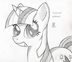 Size: 500x431 | Tagged: safe, artist:srmario, twilight sparkle, pony, unicorn, g4, :d, bust, female, grayscale, mare, monochrome, open mouth, smiling, solo, traditional art, unicorn twilight