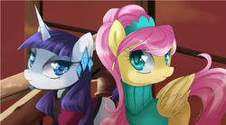 Size: 1200x660 | Tagged: dead source, safe, artist:loyaldis, fluttershy, rarity, pegasus, pony, unicorn, g4, alternate hairstyle, clothes, dress, female, heart eyes, mare, wingding eyes