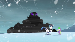 Size: 1280x720 | Tagged: safe, screencap, king sombra, shining armor, spike, g4, the crystal empire, dark magic, darkness, eyes, running, scared, shadow, snow, snow goggles, snowfall, sombra eyes