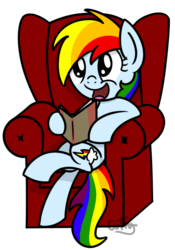 Size: 575x822 | Tagged: safe, artist:cuttycommando, rainbow dash, pony, rainbow dash presents, g4, book, chair, female, solo