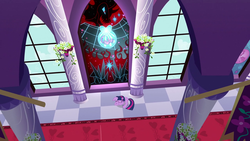 Size: 1280x720 | Tagged: safe, screencap, king sombra, twilight sparkle, pony, unicorn, g4, my little pony: friendship is magic, the crystal empire, bad end, crystal heart, curled up, eyes closed, fear, floppy ears, illusion, prone, sad, sobbing, solo, stained glass, unicorn twilight