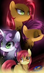 Size: 600x1000 | Tagged: dead source, safe, artist:loyaldis, apple bloom, babs seed, scootaloo, sweetie belle, earth pony, pegasus, pony, unicorn, g4, action poster, cutie mark crusaders, eyes closed, female, group, mare, older, quartet