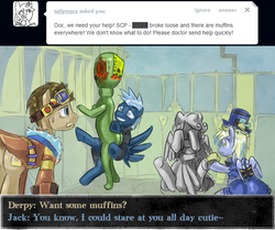 Size: 600x501 | Tagged: safe, artist:saturnspace, derpy hooves, doctor whooves, star hunter, time turner, pegasus, pony, clockwise whooves, g4, ask, female, jack harkness, mare, scp-173, tumblr, weeping angel