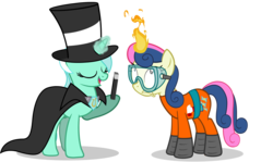 Size: 4331x2589 | Tagged: safe, artist:mrflabbergasted, bon bon, lyra heartstrings, sweetie drops, g4, bon bon is not amused, cape, clothes, fire, goggles, hat, magic, simple background, top hat, transparent background, wand