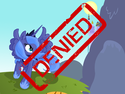 Size: 640x480 | Tagged: safe, canterlot, canterlot castle, day, denied, luna's quest, meta, raised hoof, solo, spread wings, stamp, wings