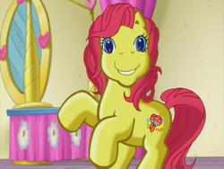 Size: 640x480 | Tagged: safe, screencap, fiesta flair, earth pony, pony, g3, pinkie pie and the ladybug jamboree, cute, faic, female, fiestabetes, happy, mare, mirror, solo, vanity