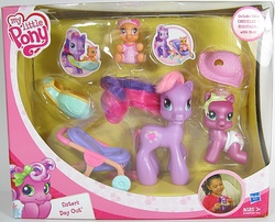 Size: 743x600 | Tagged: safe, photographer:breyer600, cheerilee (g3), mom cheerilee-scootaloo, scootaloo (g3), earth pony, pony, g3, g3.5, newborn cuties, official, baby, baby pony, box, female, filly, foal, mare, mom, newborn cheerilee, newborn scootaloo, photo, sister's day out, stroller, toy