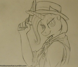 Size: 1280x1104 | Tagged: safe, artist:hobbsmeerkat, trixie, anthro, g4, 30 minute art challenge, cowgirl, female, gun, monochrome, revolver, solo, traditional art