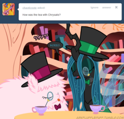 Size: 650x624 | Tagged: safe, artist:mixermike622, queen chrysalis, oc, oc:fluffle puff, tumblr:ask fluffle puff, g4, bowtie, classy, eyes closed, hat, hmm yes, indeed, indubitably, monocle, quite, tea, top hat