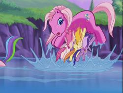 Size: 640x480 | Tagged: safe, screencap, pinkie pie (g3), rarity (g3), tiddly wink, tra-la-la, zipzee, breezie, g3, the runaway rainbow, carrying, rescue, river, water, waterfall