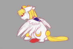 Size: 900x600 | Tagged: dead source, safe, artist:kourabiedes, pegasus, pony, boots, clothes, crying, ears back, gray background, pigtails, ponified, sailor moon, sailor moon (series), sailor uniform, shoes, simple background, sitting, tail, tail bun, tsukino usagi, twintails, uniform