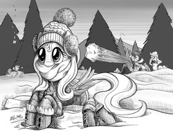Size: 1500x1142 | Tagged: safe, artist:tsitra360, fluttershy, pinkie pie, rainbow dash, g4, boots, clothes, earmuffs, hat, misfire, monochrome, scarf, snow, snowball, snowball fight, this will end in tears, throwing things at fluttershy, unaware, winter