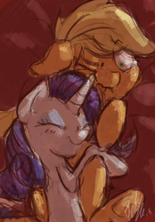 Size: 580x835 | Tagged: safe, artist:zestyoranges, applejack, rarity, g4, cuddling, female, lesbian, ship:rarijack, shipping, sleeping